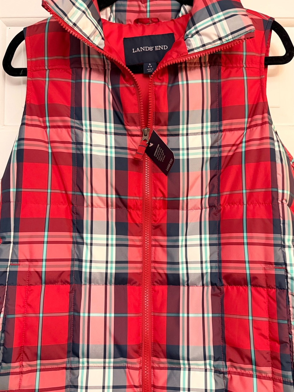 Lands' End Red and Navy Plaid Quilted Puffer Vest - Women’s